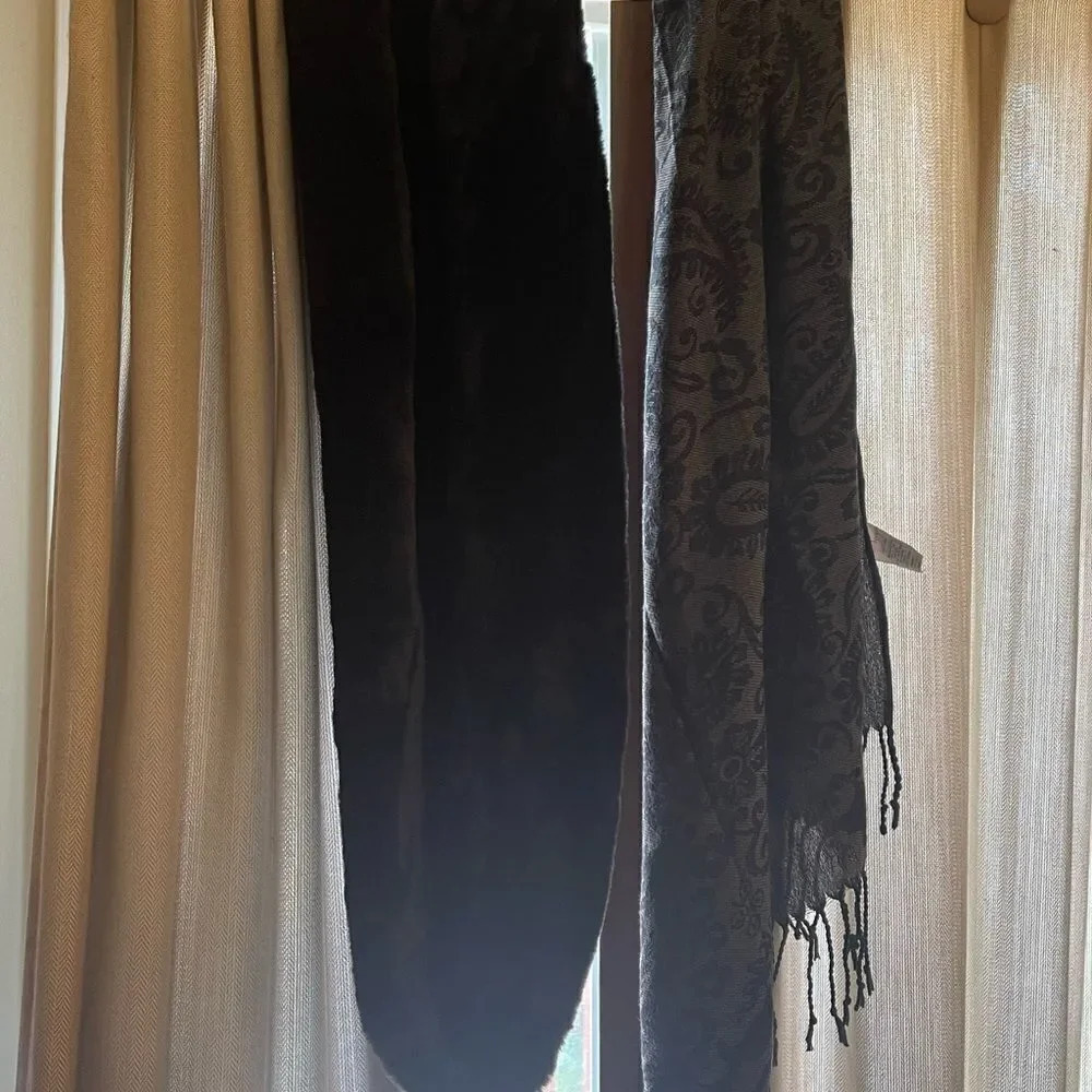 2 scarves 1 black infinity faux fur 1 gray lightweight pashmina